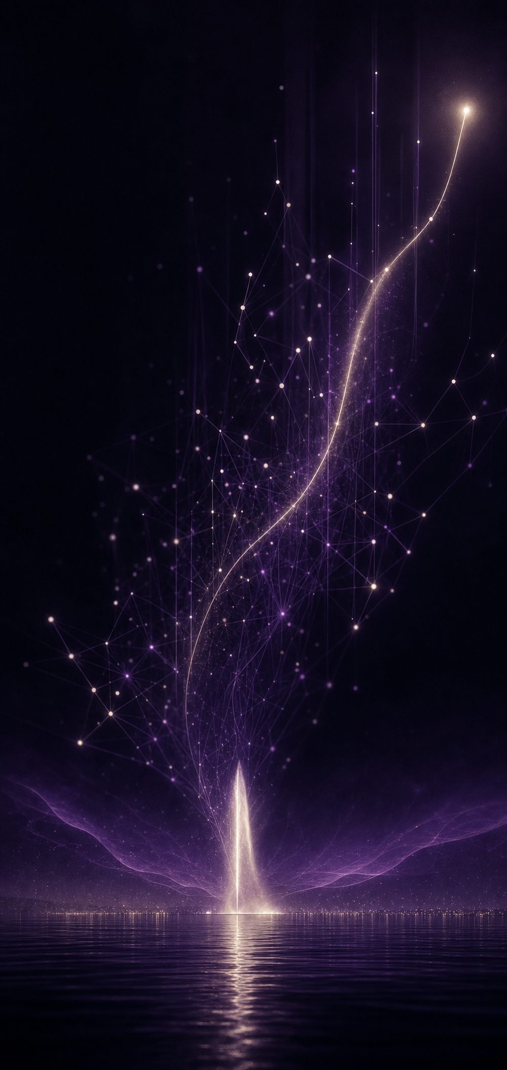 Geneva-inspired abstract of the Jet d'Eau dissolving into a network, symbolizing innovation, AI and growth